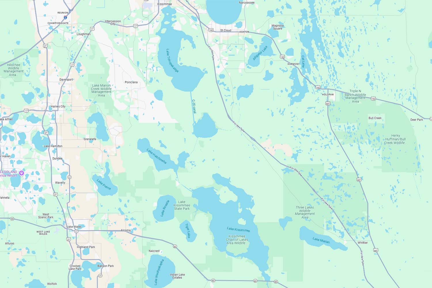 A map of the Kissimmee Chain over Lake Toho, Lake Kissimmee, Lake Hatchineha, and the location of the C-35 canal.