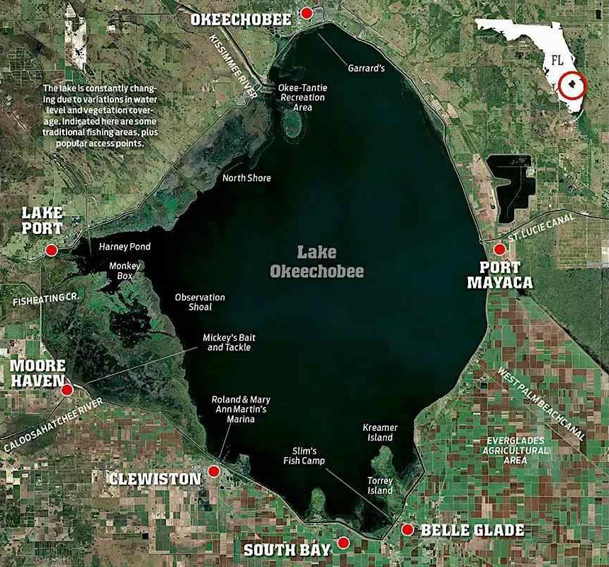 Lake Okeechobee with key fishing areas