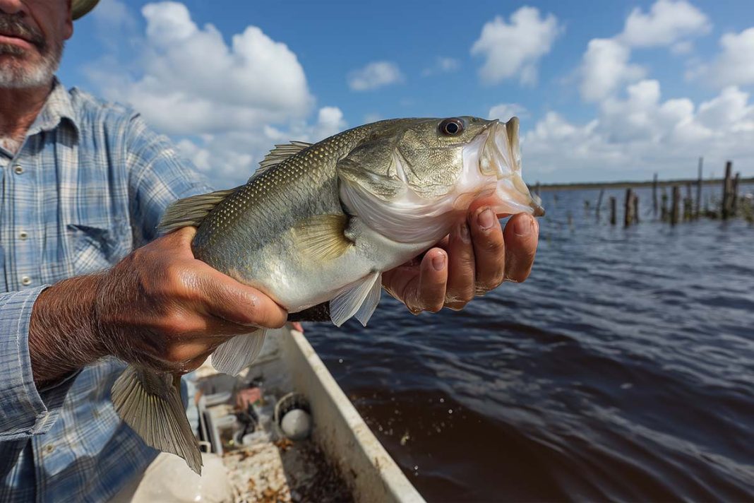 a largemouth bass being pulled from the brackish water of Lake George, Florida