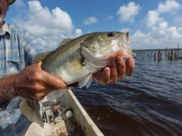 a largemouth bass being pulled from the brackish water of Lake George, Florida