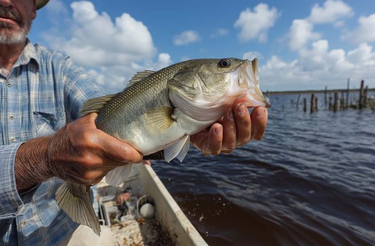 a largemouth bass being pulled from the brackish water of Lake George, Florida