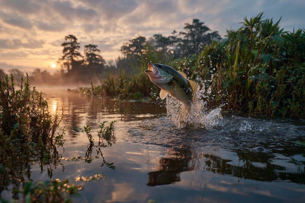 a largemouth bass exploding out of the water in the early morning mist to strike a topwater lure, with lush Florida vegetation in the background and the sun just beginning to rise over the horizon.
