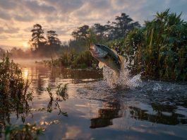 a largemouth bass exploding out of the water in the early morning mist to strike a topwater lure, with lush Florida vegetation in the background and the sun just beginning to rise over the horizon.