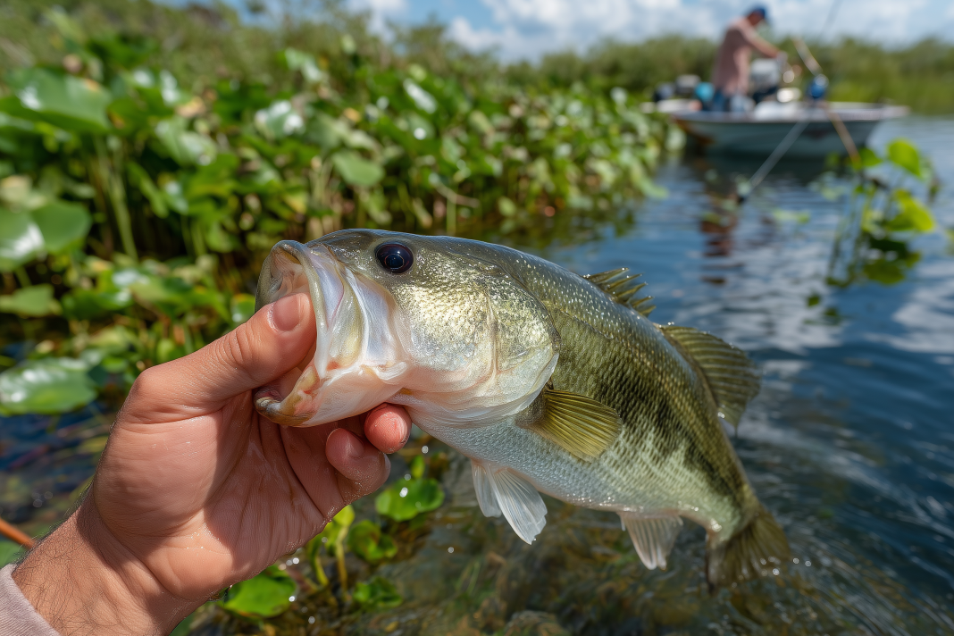a largemouth bass being pulled from the clear waters of a Florida lake