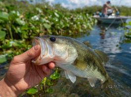 a largemouth bass being pulled from the clear waters of a Florida lake